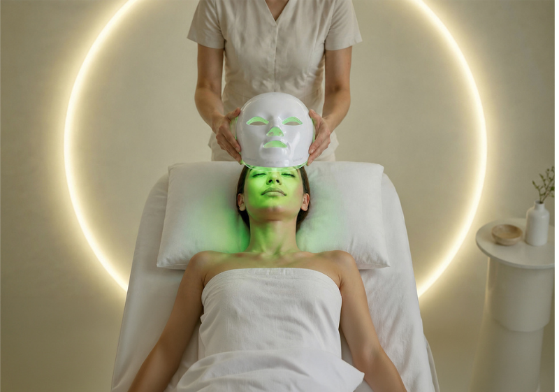 A PRO treatment in progress, the mask placed beneath a halo light