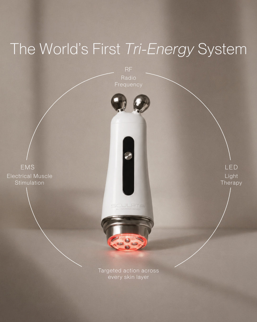 Déesse PRO Sculpta device standing upright with red LED light on base and metal spheres on top