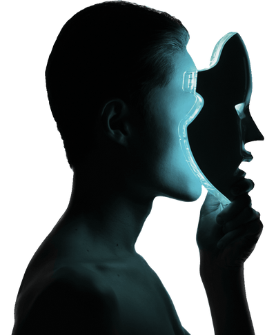 Person holding a translucent face-shaped mask with a glowing blue outline