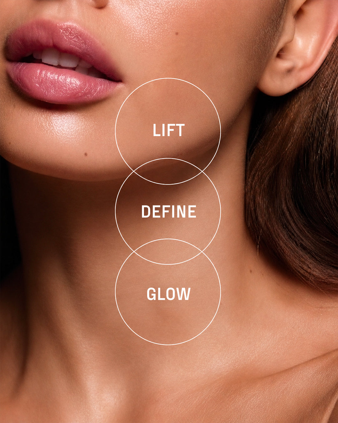Close-up of lower face and neck with text circles labelled Lift, Define, Glow