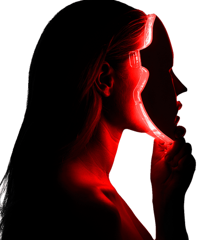 Person holding a translucent red mask in front of their face against a black background